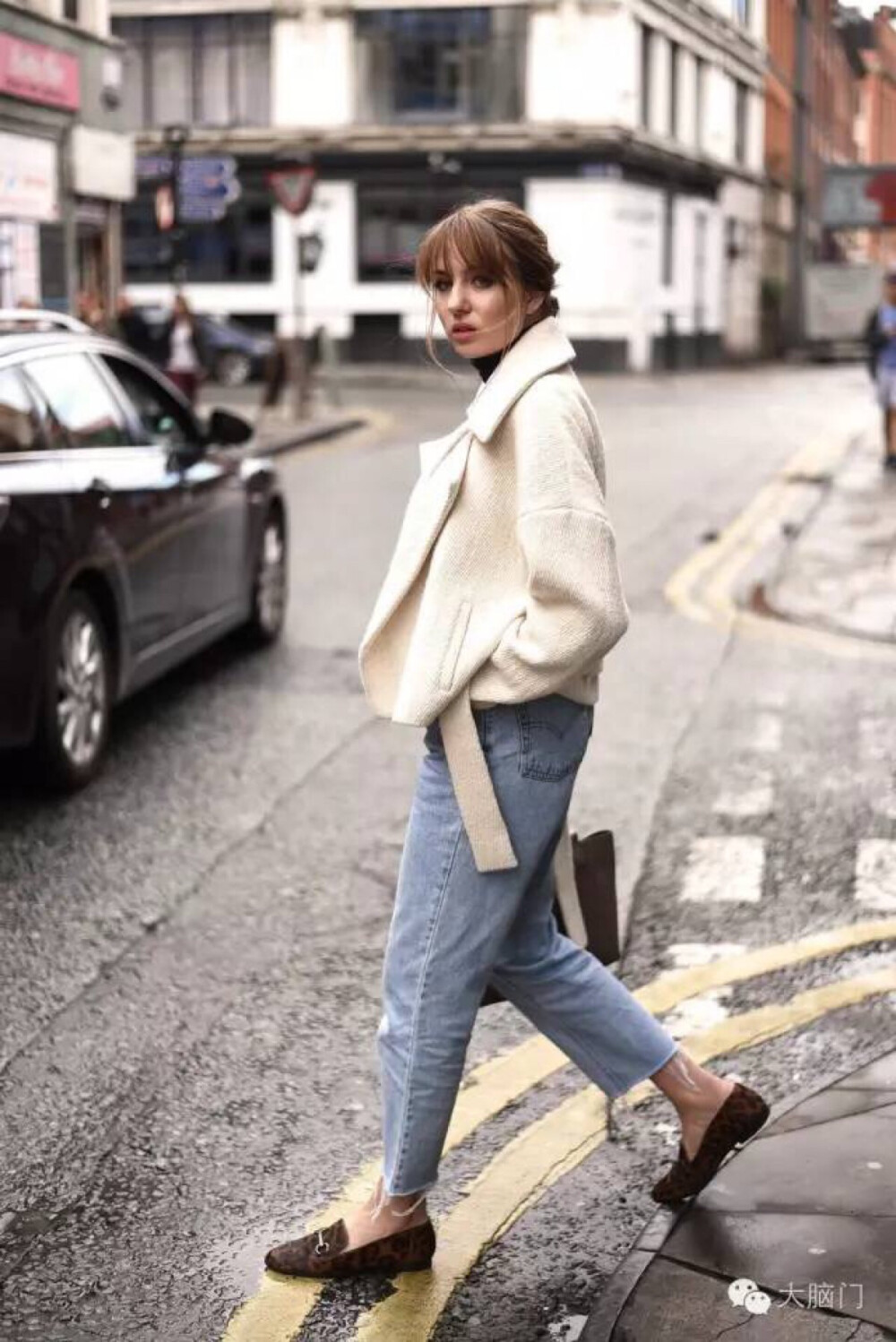 White jacket + jeans + loafers 