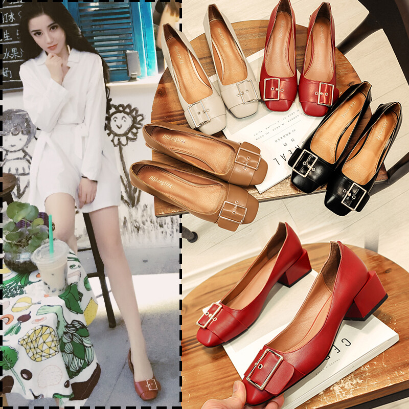 粗跟小方头复古单鞋2016新款小红鞋婚鞋女秋季中跟方跟玛丽珍女鞋