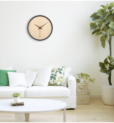 挂钟北欧简约 创意线条动物木质静音钟表卧室客厅圆形12寸黑框