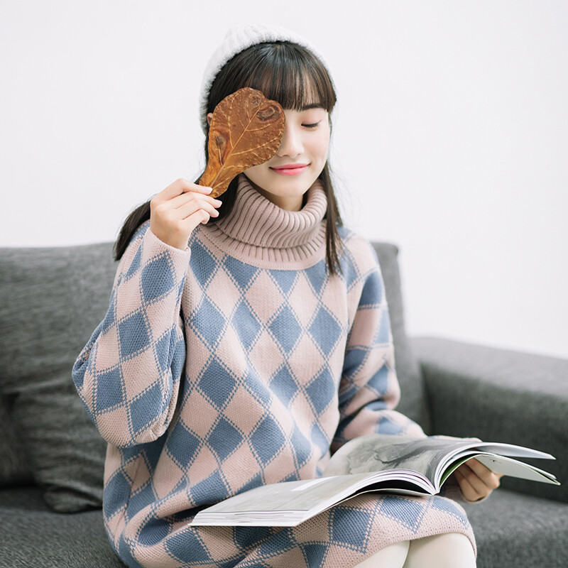 秋冬日系文艺小清新可爱甜美学院菱格高领粉色蓝中长款毛衣女