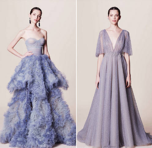 Marchesa Resort 2017 珠片宝石流苏羽毛，手工制作而成的3D立体花卉刺绣～设计师这一季要讲述的是纸醉金迷的拉斯维加斯夜场派对～灵感来自95年Martin Scorsese执导的美国电影《赌城风云》～色调通过午夜的蓝，妖魅的紫所发散～