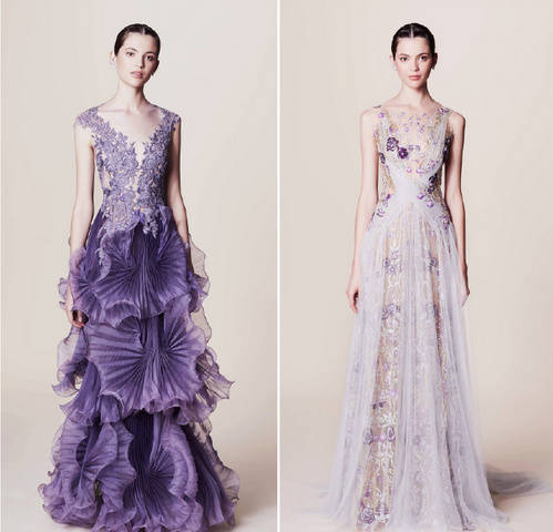 Marchesa Resort 2017 珠片宝石流苏羽毛，手工制作而成的3D立体花卉刺绣～设计师这一季要讲述的是纸醉金迷的拉斯维加斯夜场派对～灵感来自95年Martin Scorsese执导的美国电影《赌城风云》～色调通过午夜的蓝，妖魅的紫所发散～