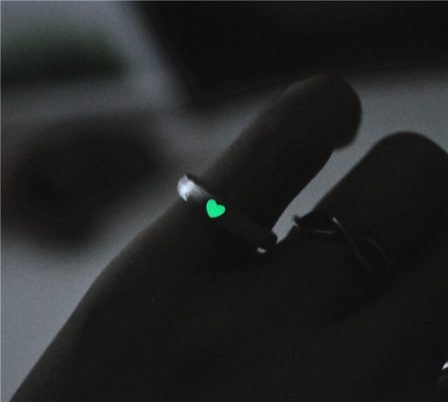 纯手工 夜光爱心 纯银戒指 发光的 小爱心