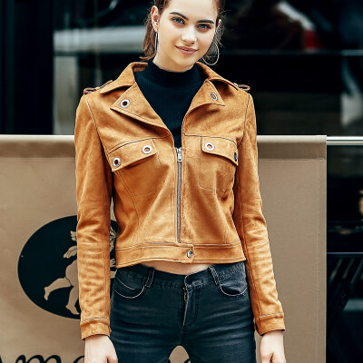 2016秋季欧美风棕色麂皮修身显瘦夹克女士长袖百搭机车短外套