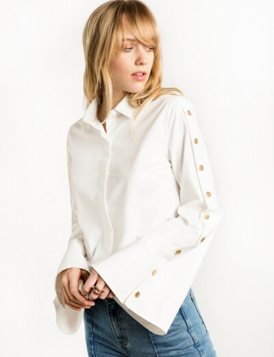 White Snap Button Wide Sleeve Shirt