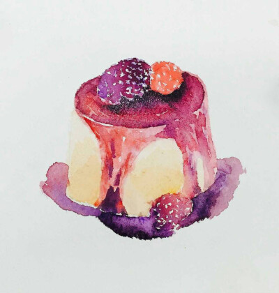 水彩小甜品 蓝莓芝士蛋糕 手绘水彩