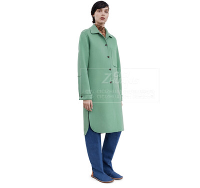 绿色开叉弧形长袖毛绒外套大衣