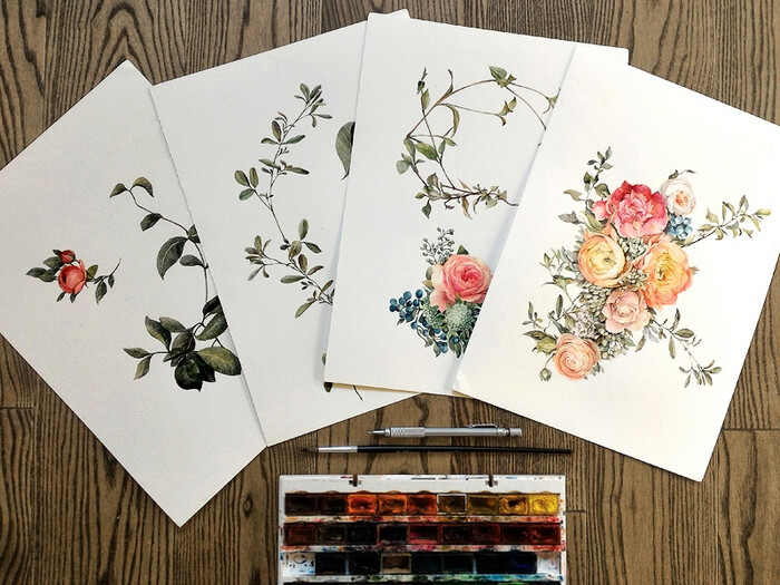 水彩 花卉 图案 By Alexandra Pekhova