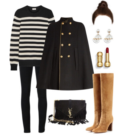 Saint Laurent cape、sweater、jeans、bag，Gianvito Rossi boots，Dior earrings#2016