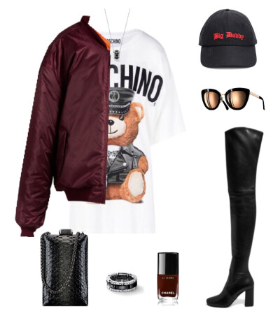 Vetements jacket、hat，Moschino shirt，Prada boot，Chanel box、sunglasses、ring#2016