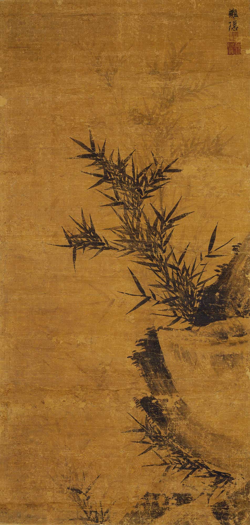 李霆 墨竹图四屏 李霆(1554—1626年)，字仲燮，号滩隐，为世宗玄孙益州君李枝之子，朝鲜时代三大墨竹画家之一。此图本为8幅，利用墨色极度浓淡的反差，描摹不同生态与气候条件下的竹子，从而表现出它们丰富多彩的形态与特征。现存4幅分别表现了新竹、筒竹、烟竹和雪竹之美。 第一幅《新竹》显示了岩石间新长出的幼竹茂密地指向天空的形态，画中岩石采用中国明代浙派画法，黑白对比鲜明。位于后面的竹子则使用含水较多的淡墨，乍看很难发现。