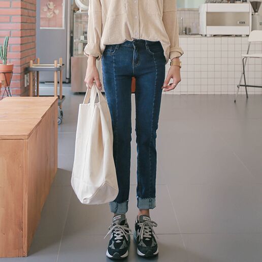 韩国 2016秋季女装 中线 翻边 牛仔裤 长裤 S29