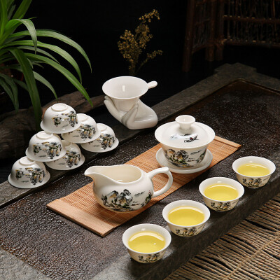  功夫茶具套装 陶瓷白瓷整套青花瓷茶杯盖碗茶具