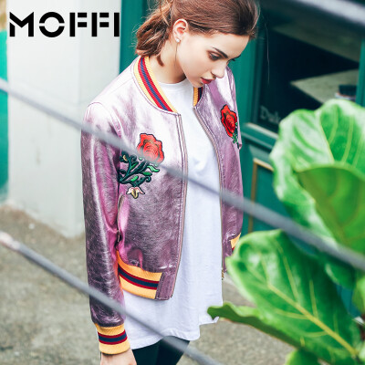 MOFFI秋季欧美风棒球服刺绣女式PU皮衣夹克短外套