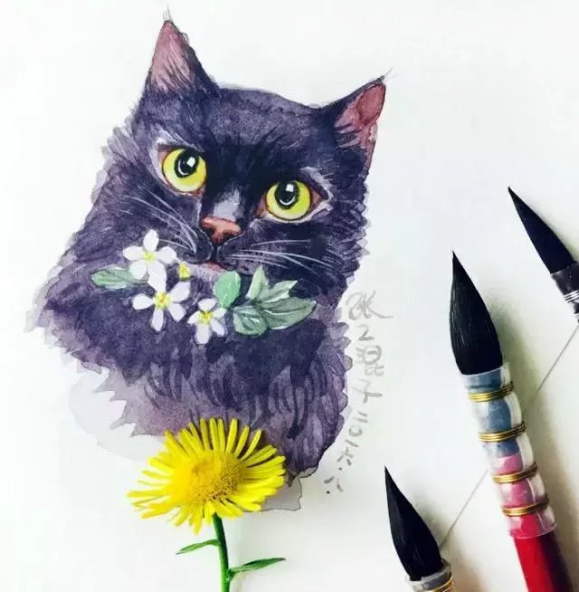 水粉画 猫 儿童画 阳光之美