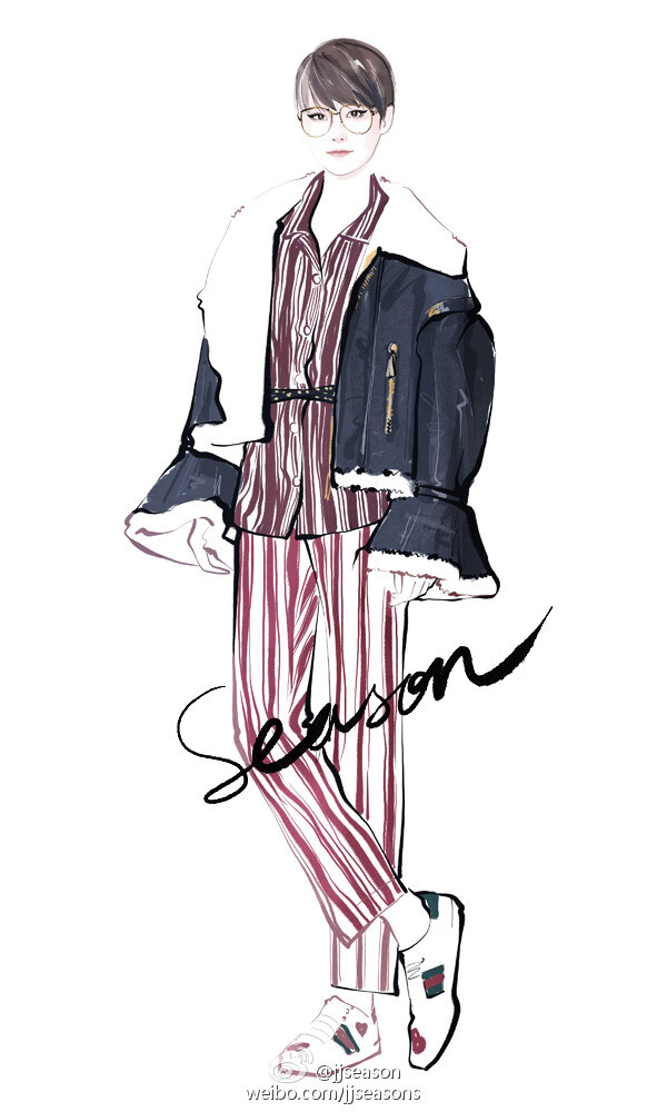 #jjseason插画# #明星红毯礼服插画# ----- @李宇春 身着@Burberry 飞行员夹克搭配睡衣灵感风格丝质衬衫与长裤，亮相#第十届音乐盛典咪咕汇# O酷帅李宇春