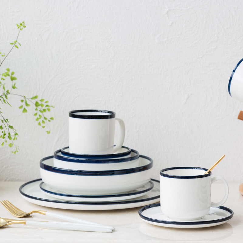 肆月 神秘优雅的深蓝色线条边陶瓷米饭碗盘子杯碟 简约手绘风格