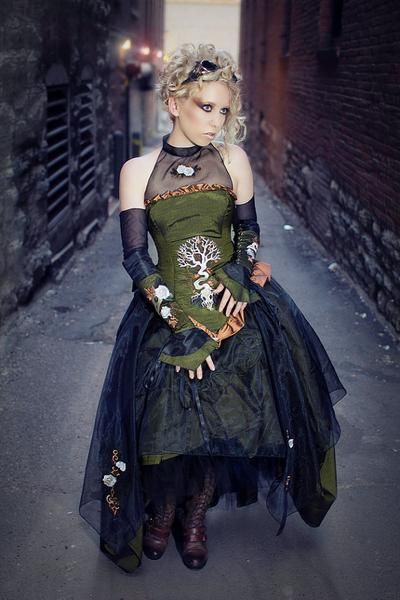 Steampunk Embroidered Wedding Gown with Gothic Nature Designs