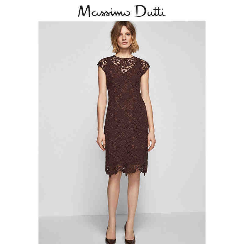 Massimo Dutti 女装 全棉绛红色凸纹蕾丝连衣裙