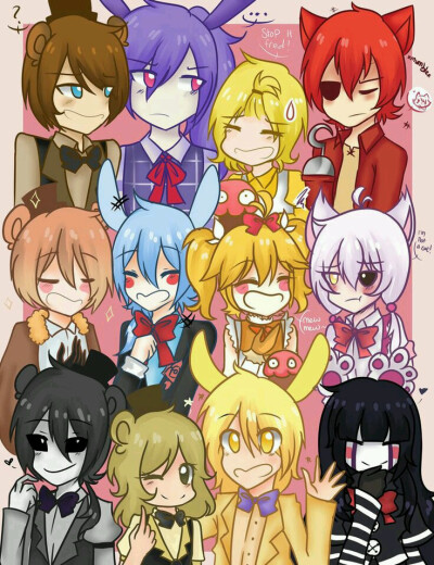 Five Nights at Freddy's ,ferddy,chica,Bonnie,foxy,toy freddy,toy freddy, toychica,Mangle,goldenfreddy,goldenbonnia,,balkyfreddy,puppet