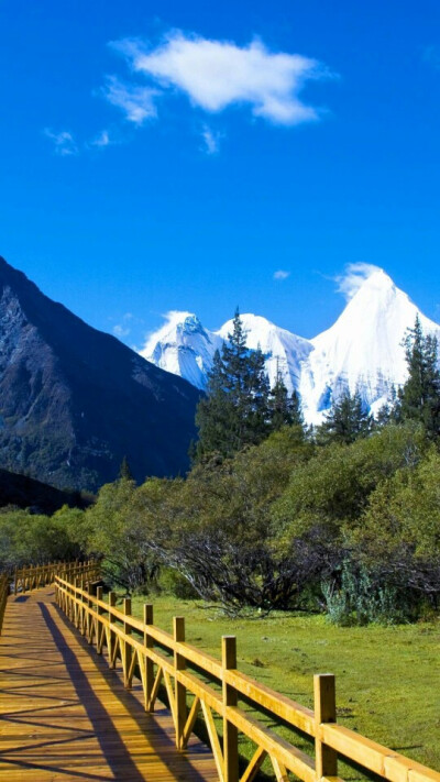 长长的木板路，曲径通幽，远方的高山，白雪皑皑。蓝天白云的晴天里出来放松，心情也开始飞扬。