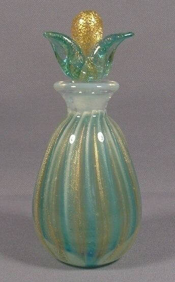 Vintage Seguso Murano Art Glass Perfume Bottle - Blue Opalescent with Gold Stripes.