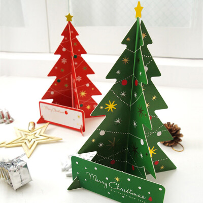 创意可爱红色绿色圣诞树DIY贺卡 韩国文具节日祝福立体带信封2枚