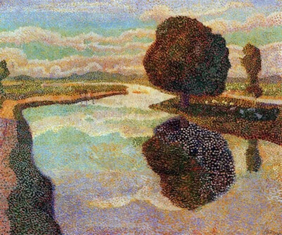 图为荷兰象征主义画家Jan Toorop的绘画作品Landscape With Canal。斑斓的天空与丰茂的河堤，一切尽收在如镜的水面。那些被时光遗失的背面或许都会以另外一种形式呈现出来，例如那本“笑忘书”。