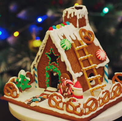 今年的姜饼屋，用了几种不同的饼干做装饰，搭建篱笆和小梯子～ 圣诞老人快快来吧！