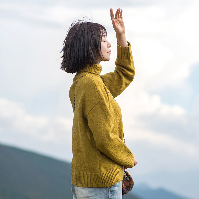 乐往原创女装月光城秋冬毛衣宽松休闲高领套头针织毛衫女短款