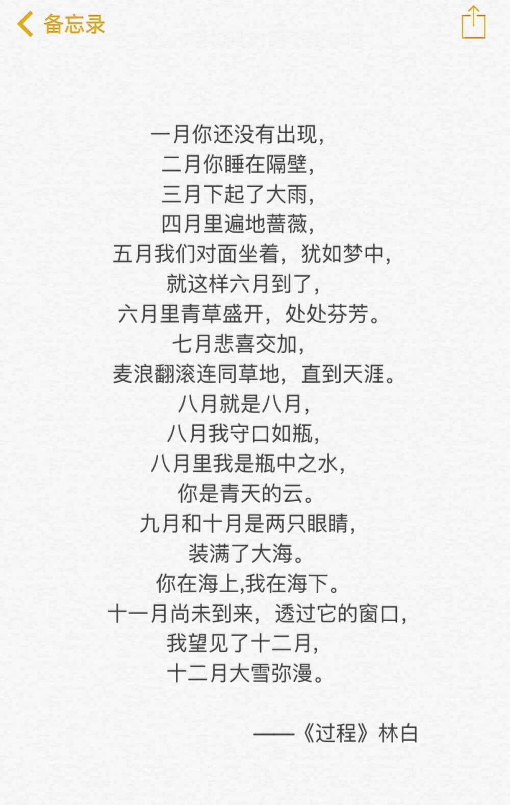 一月你还没有出现
二月你睡在隔壁
三月下起了大雨
四月里遍地蔷薇
五月我们对面坐着 犹如梦中
就这样六月到了
六月里青草盛开 处处芬芳
七月悲喜交加
麦浪翻滚连同草地 直到天涯
八月就是八月
八月我守口如瓶
八月里我是瓶中的水
你是青天的云
九月和十月 是两只眼睛
装满了大海
你在海上 我在海下
十一月尚未到来 透过它的窗口
我望见了十二月
十二月大雪弥漫
——林白《过程》