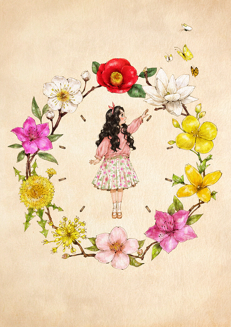 鲜花时钟，现在是几点的花呢？ ~ 来自韩国插画家Aeppol 的「森林女孩日记」系列插画。2016.12.22