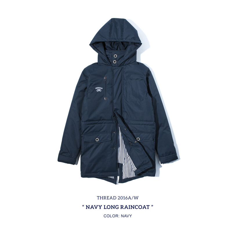 THREAD Navy Long Raincoat 蓝色 条纹内里 长款棉大衣外套