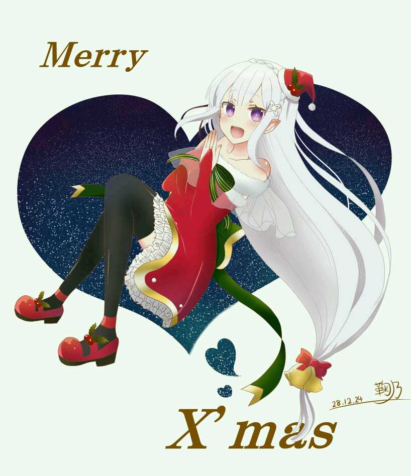 【来源P站，侵删】
MerryX'mas!!エミリアたんにサンタコス（？）させてみました！
デジタルでエミリアたん描いたの初です✨
艾米莉娅（亦译：爱蜜莉雅），《Re：从零开始的异世界生活》女主角。银发紫瞳，混血半精灵，银发美少女，EMT！
动漫二次元原创/同人画/插画/手绘/头像/壁纸/锁屏/背景/美少女/银长直/紫瞳/白丝/天然呆/圣诞节绘图