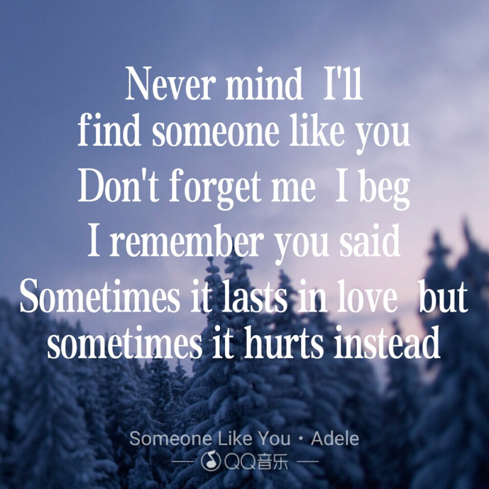 Never mind, I'll find someone like you
Don't forget me, I beg, I remember you said
Sometimes it lasts in love, but sometimes it hurts instead——《someone like you》ADELE