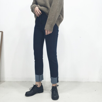 NizonDays 水洗翻边须边深蓝色紧身牛仔裤