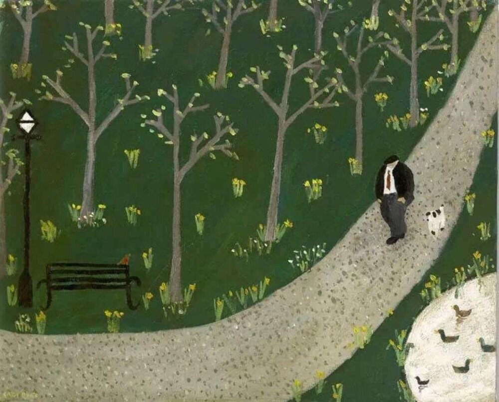 图为英国画家Gary Bunt的绘画作品。在他临水的小木房子里，天花板上映着水光，他用花瓶和黑色雨靴来插置画笔。他的画既具童心，又洋溢着手工艺人古老的热情，关于四季流转、案头消遣、童年玩具、乡居生活、渔夫和猎人、狗、猫、鱼……