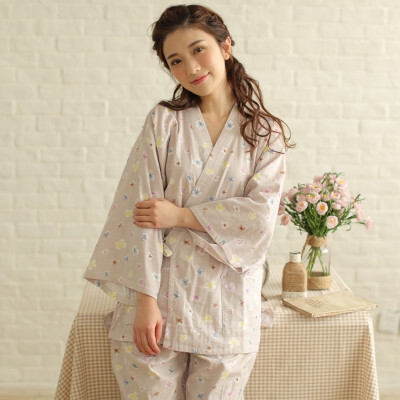 日式甜美樱花和服睡衣纯棉纱布长袖系带开衫家居服套装
