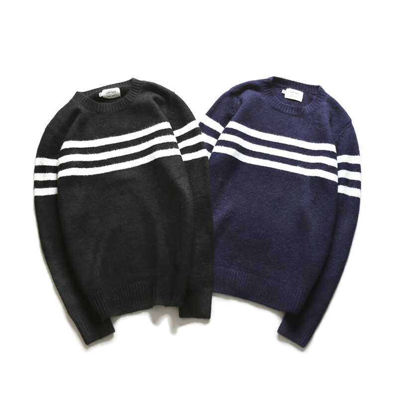 男士小清新条纹套头毛衣撞色提花休闲线衫韩版潮圆领长袖针织衫男