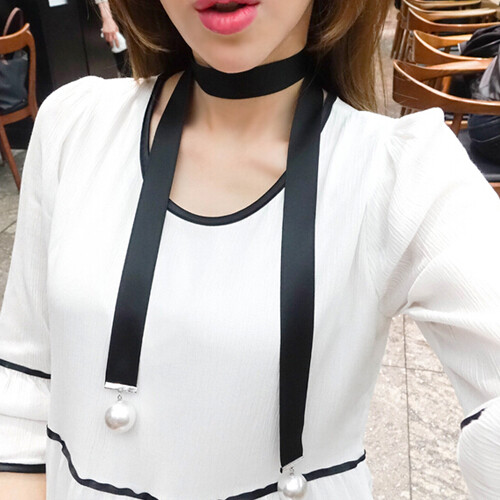 韩国进口饰品首饰黑色丝带珍珠毛衣链绕颈时尚吊坠长项链