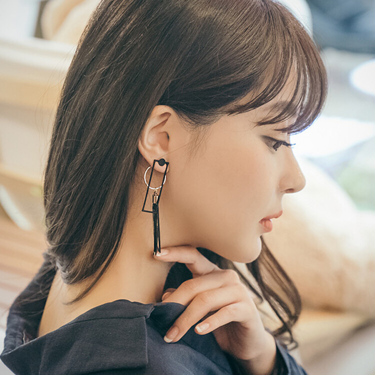 韩国进口饰品首饰复古镂空时尚方形925银耳钉多层耳坠