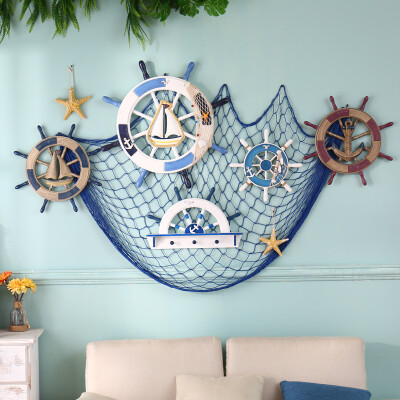 地中海海洋风创意家居卧室儿童房墙面软装饰壁挂船舵渔网套装墙饰