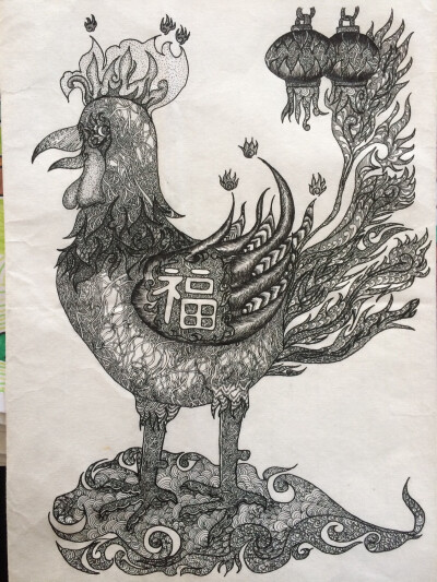 公鸡年画（钢笔装饰画）李鹃飞