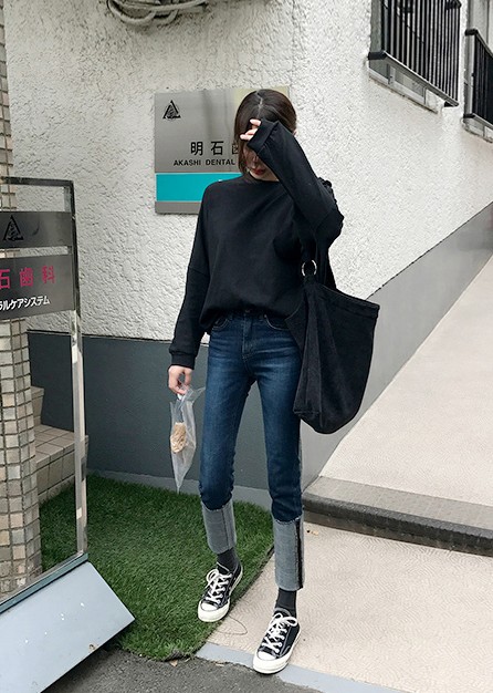 韩国直邮~Mocobling官网独特翻边裤脚长款牛仔裤冬女