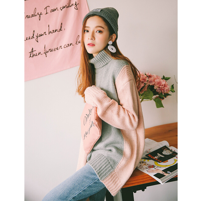 2016高领韩版套头毛衣撞色针织衫时尚甜美线衣打底衫冬季女装