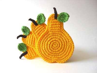 Yellow Pear Crochet Coasters . Green Leaves Beverage Drink Juice Mustard Decor Crochet Fruit Collection - Set of 4-zYwMT-图片