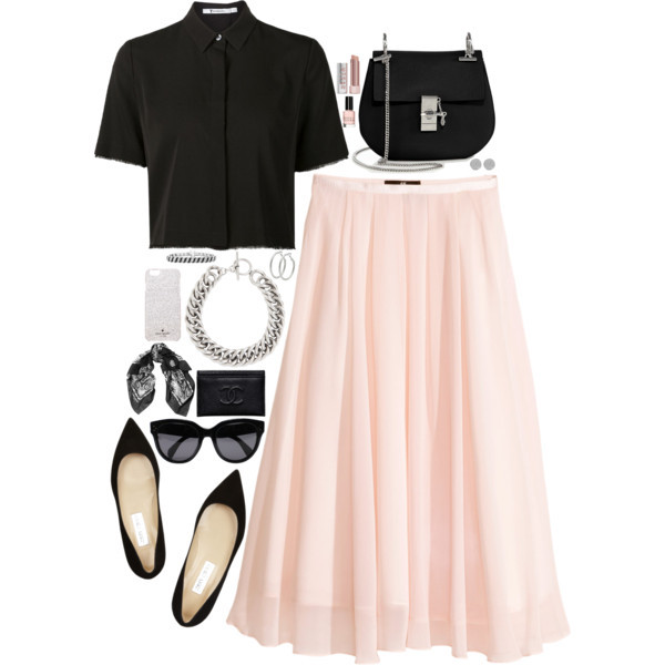 A fashion look from August 2015 featuring black crop shirt, flared midi skirt and black suede flats. Browse and shop related looks.-WY5Zm-图片