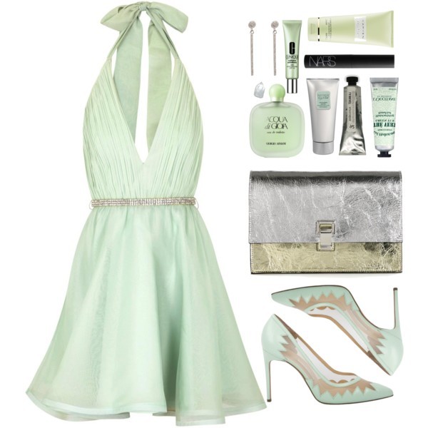 A fashion look from May 2015 featuring green halter dress, beige shoes and two tone leather handbags. Browse and shop related looks.-zQ1Ym-图片