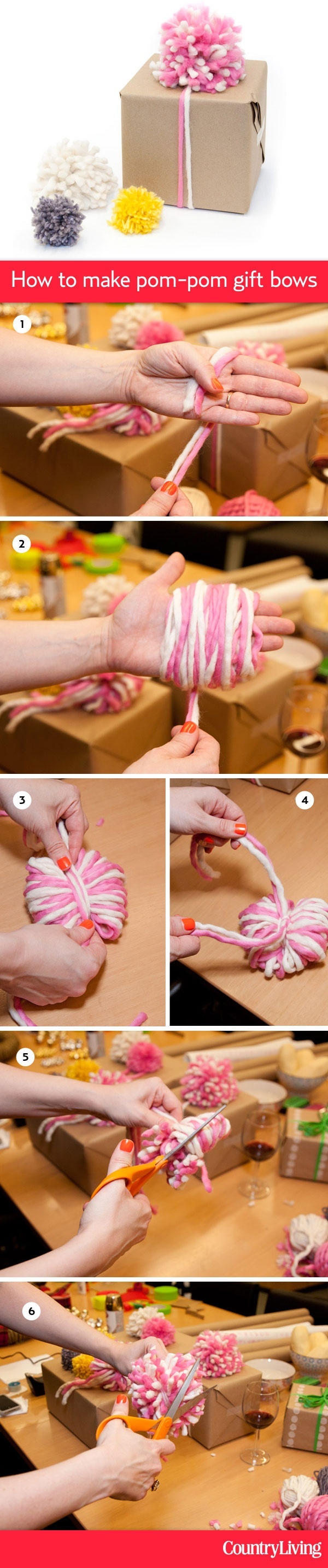 @Brett Bara shows us how to make fun pom-pom gift bows out of yarn: http://www.countryliving.com/crafts/how-to-make-pom-pom-gift-bows #pinspirationparty-zQ1Nm-图片