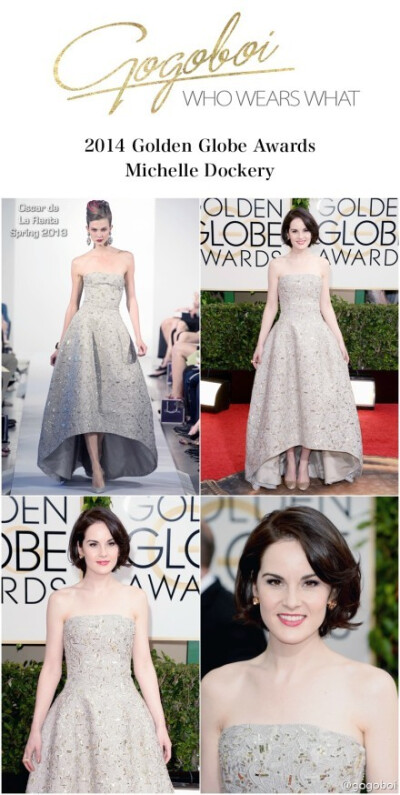 #who wears what# Michelle Dockery穿Oscar de la Renta亮片刺绣裙亮相第71届金球奖。高雅的美人儿和精细的裙子真是绝配。大小姐看起来就像朵兰花，冷冷清清、一片洁白，美得拒人千里。当然，她最迷人的就是这股贵气…